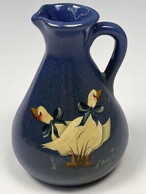 VTG 5" Studio Pottery Hand Painted Cobalt Blue Geese Goose CRUET Vase SIGNED EUC